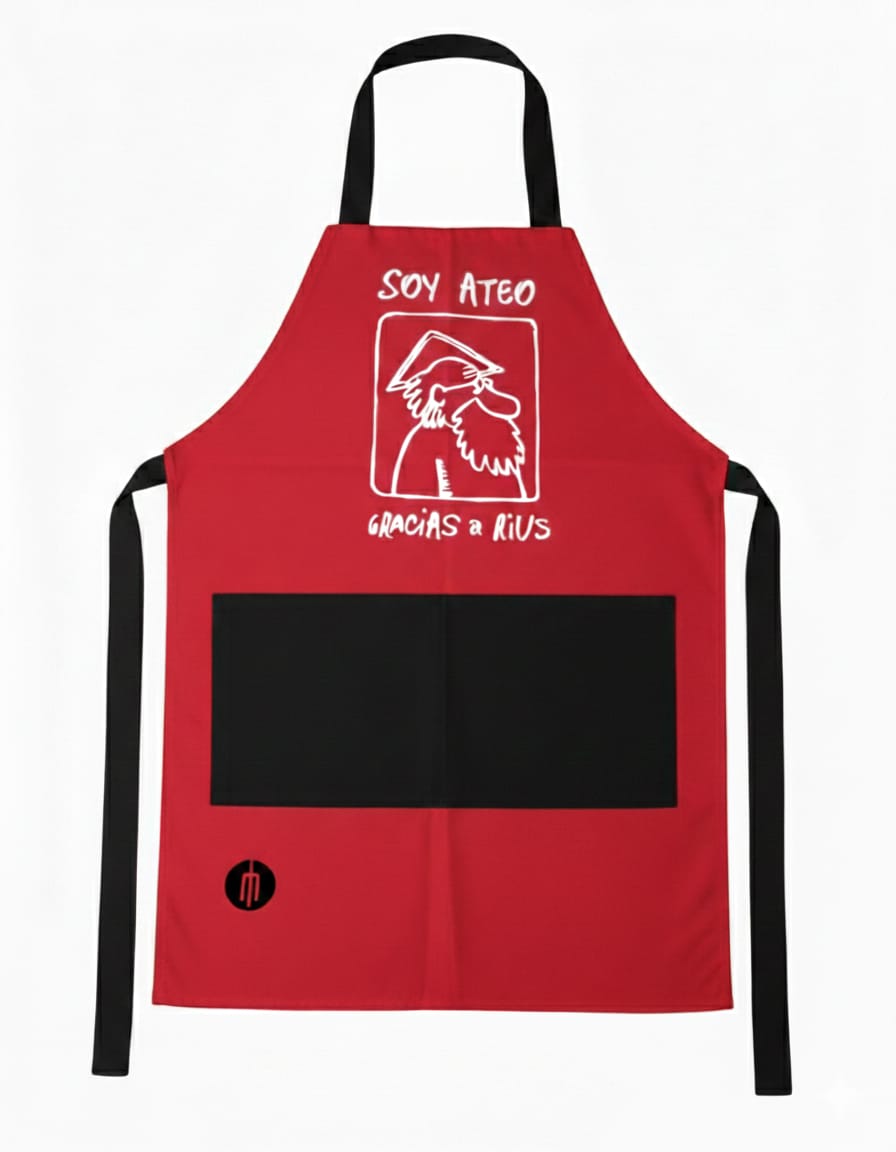 Mandil color rojo con bolsa color negro “Soy ateo gracias a Rius”